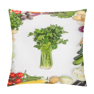 Personality  Flat Lay With Various Seasonal Ripe Vegetables With Celery In Middle Isolated On White Pillow Covers