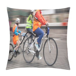 Personality  Young Family With A Child Ride A Bikes On A City Streets Pillow Covers