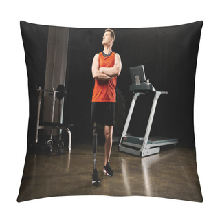 Personality  A Determined Disabled Man With A Prosthetic Leg Stands Confidently In Front Of A Treadmill In A Gym, Ready To Work Out. Pillow Covers
