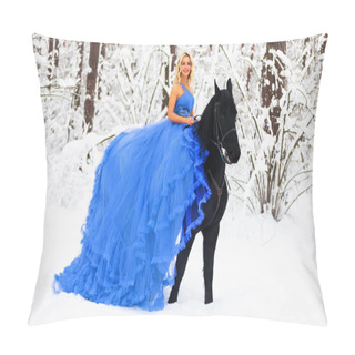 Personality  Young Woman In Long Dress Riding A Horse In Winter Pillow Covers