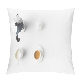 Personality  Top View Of Arranged Cup Of Coffee, Jag Of Milk And Coffee Maker On White Surface  Pillow Covers