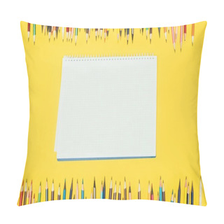 Personality  Top View Of Frame Of Colorful Pencils Isolated On Yellow Background With Notebook Pillow Covers