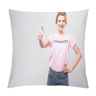Personality  Smiling Woman In Pink Feminist T-shirt Showing Thumb Up, Isolated On Grey Pillow Covers