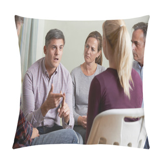 Personality  Members Of Support Group Sitting In Chairs Having Meeting Pillow Covers