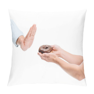 Personality  Cropped Image Of Man Rejecting Unhealthy Chocolate Doughnut Isolated On White Pillow Covers