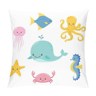 Personality  Cute Baby Sea Fishes. Vector Cartoon Underwater Animals Collection. Jellyfish And Starfish, Ocean And Sea Life Illustration Pillow Covers