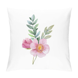 Personality  Bouquet Of Pink Flowers And Plants On A White Background. Hand Painted . Pillow Covers