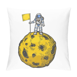 Personality  Astronaut Spaceman With Flag On Planet With Impact Craters Color Sketch Engraving Vector Illustration. Scratch Board Style Imitation. Black And White Hand Drawn Image. Pillow Covers
