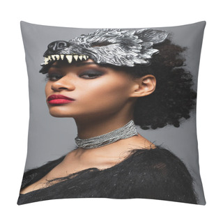 Personality  Confident African American Woman In Wolf Halloween Mask And Metal Necklace Looking At Camera Isolated On Grey Pillow Covers