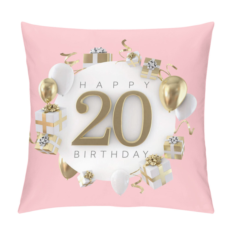 Personality  Happy 20th Birthday Party Composition With Balloons And Presents. 3D Render Pillow Covers