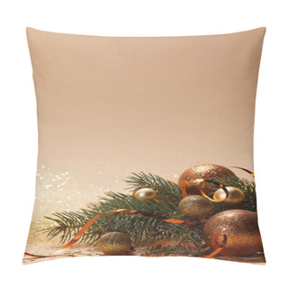 Personality  Glittering Golden Christmas Balls And Christmas Tree Branch On Tabletop Pillow Covers