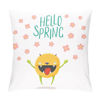 Personality  Hand Drawn Little Monster Jumping, Falling Flowers, Quote Hello Spring Pillow Covers