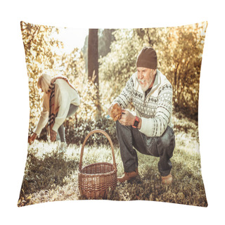 Personality  Happy Man Finding A Big Mushroom In The Forest. Pillow Covers
