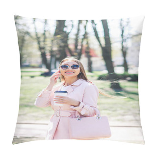 Personality  Fashionable Woman With Phone And Cofee In The City. Fashion Woman In A Sunglasses And Pink Jacket Outdoor Pillow Covers