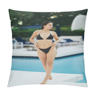 Personality  Alluring And Confident Brunette Woman Dressed In Stunning And Sexy Black Bikini Standing Next To Public Swimming Pool In The Vibrant City Of Miami, USA, Luxury Resort, Blurred Background  Pillow Covers