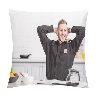 Personality  Smiling Police Officer With Hands On Head Sitting At Kitchen Table Pillow Covers