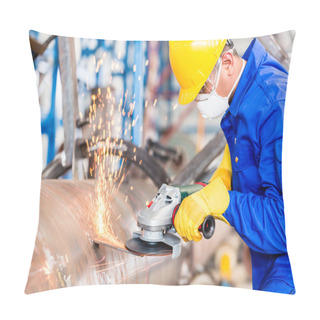 Personality  Metal Worker In Factory Grinding Metal Of Pipeline Pillow Covers