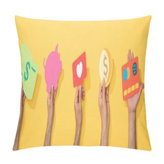 Personality  Panoramic Shot Of Men Holding Colorful Paper Icons On Yellow Pillow Covers