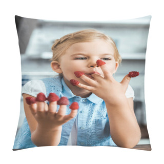 Personality  Cute Happy Kid Sitting At Table And Eating Ripe Fresh Raspberries Pillow Covers