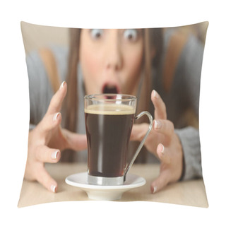 Personality  Front View Portrait Of An Amazed Woman Looking At Coffee Cup Pillow Covers