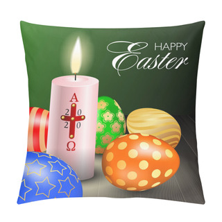 Personality  Easter Realistic Square Composition With Burning Candle With Cross, Alpha, Omega, 2020 Year And Multicolored Eggs On Wooden Table Pillow Covers