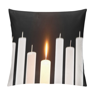 Personality  Selective Focus Of Burning White Candles Glowing Near Another Isolated On Black, Panoramic Shot Pillow Covers