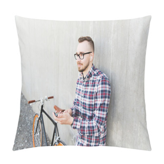 Personality  Hipster Man In Earphones With Smartphone And Bike Pillow Covers