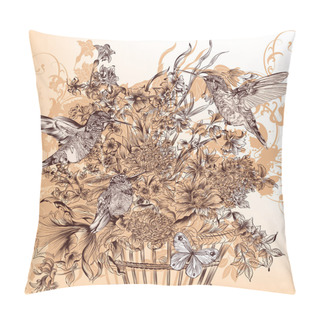 Personality  Floral Background With Luxury Bouquet Of Flowers And Humming Bir Pillow Covers