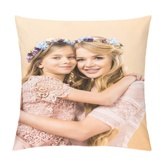 Personality  Happy Mother And Daughter In Colorful Floral Wreaths Embracing And Looking At Camera On Yellow Background Pillow Covers