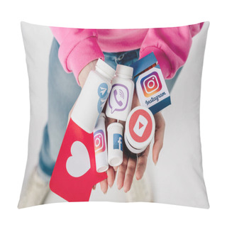 Personality  Overhead View Of Girl Holding Containers With Social Media Logos And Red Paper Cut Card With Heart Symbol On Grey Background Pillow Covers