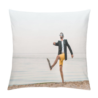 Personality  Man In Black Jacket And Shorts Walking With Swimming Mask And Flippers On Sandy Beach Pillow Covers