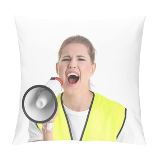 Personality  Young Woman In Reflective Vest Shouting Into Megaphone On White Background Pillow Covers