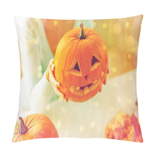Personality  Close Up Of Woman With Pumpkins At Home Pillow Covers