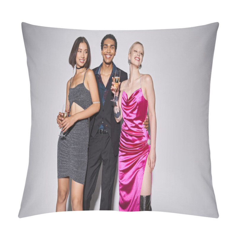 Personality  happy african american man hugging two multiethnic women in dresses with champagne on New Year party pillow covers