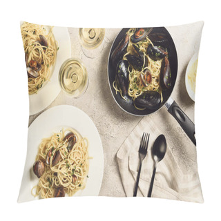 Personality  Top View Of Delicious Pasta With Seafood Served With White Wine On Textured Grey Surface Pillow Covers