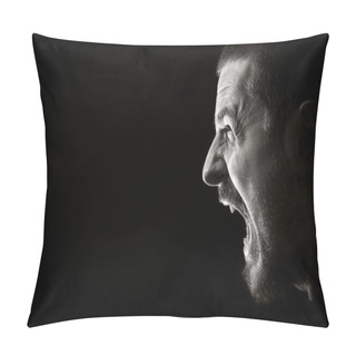 Personality  Portrait Of Screaming Angry Man On Black Background Pillow Covers