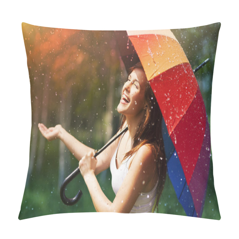 Personality  Woman with umbrella checking for rain pillow covers