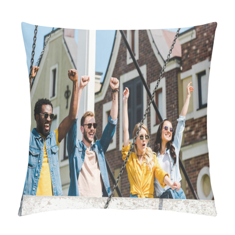 Personality  Cheerful Group Of Multicultural Friends In Sunglasses Celebrating Triumph  Pillow Covers