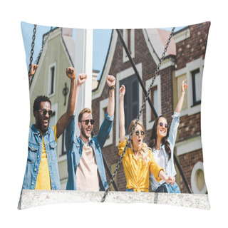 Personality  Cheerful Group Of Multicultural Friends In Sunglasses Celebrating Triumph  Pillow Covers