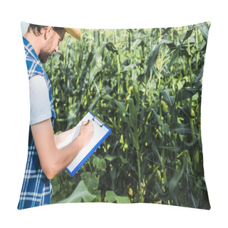 Personality  Side View Of Handsome Farmer Checking Harvest With Clipboard In Field At Farm  Pillow Covers