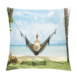 Personality  Summer Vacations Concept. Happy Woman In Black Bikini Relaxing In Hammock On Tropical Beach Pillow Covers