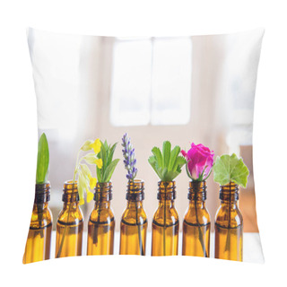 Personality  Selective Focus Lot Of Fresh Herbs In Small Vintage Bottles In A Row. Essential Oil Concept.Blurred White Window With Glowing Daylight Background. Lavender, Rose, Cowslip, Lady's Mantle, Peppermint. Pillow Covers