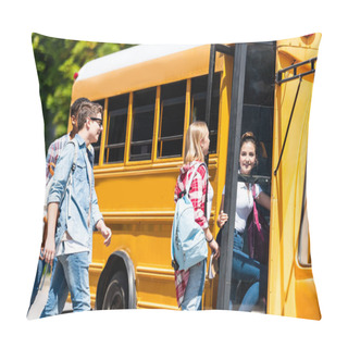 Personality  Group Of Happy Teen Scholars Entering School Bus After Lessons Pillow Covers