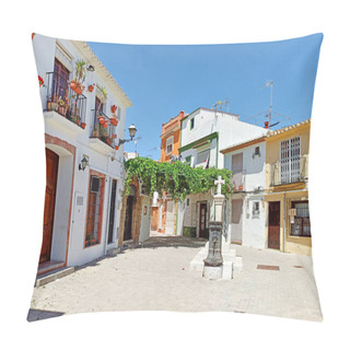 Personality  Pretty Charming Houses Decorated With Flowerpots Ivy Leaves In Empty Small Square Of Denia Old Town, Spanish Historical Coastal City In Province Of Alicante Costa Blanca. Espana. Spain Pillow Covers