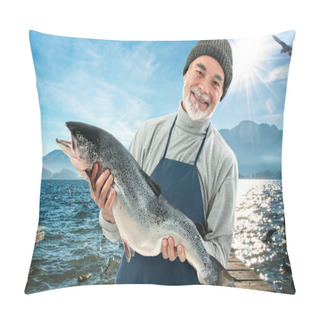 Personality  Fisher Holding A Big Atlantic Salmon Fish Pillow Covers