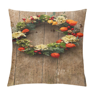 Personality  Autumn Wreath With Physalis Alkekengi On Wooden Background Pillow Covers