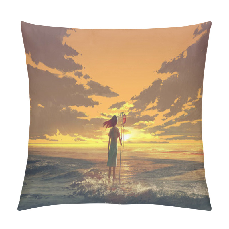 Personality  Woman Standing On The Sea With IV Pole With Blood Bag And Looking The Sunset Sky, Digital Art Style, Illustration Painting Pillow Covers