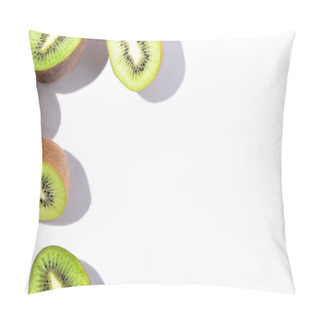 Personality  Top View Of Ripe And Green Kiwi Fruit Halves On White  Pillow Covers