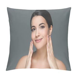 Personality  Portrait Of Brunette Smiling Woman Looking At Camera Isolated On Grey Pillow Covers