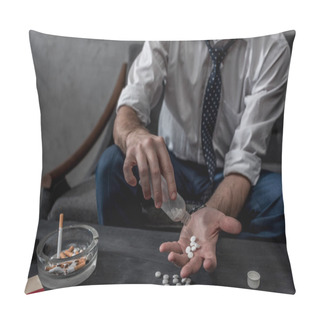 Personality  Businessman With Drug Addiction Pouring Pills On Hand From Bottle Pillow Covers